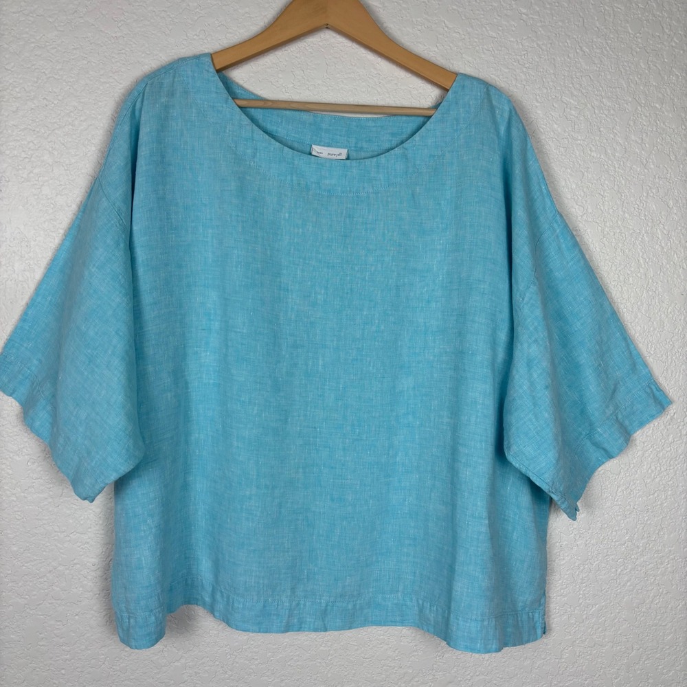 Pure Jill J. Jill Linen Women 100% Linen Top SZ Large Turquoise Blue Boxy Beachy